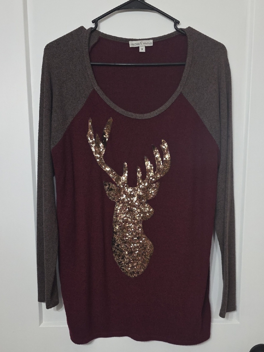 Moa Moa Burgundy and Brown Sequin Deer Raglan Top